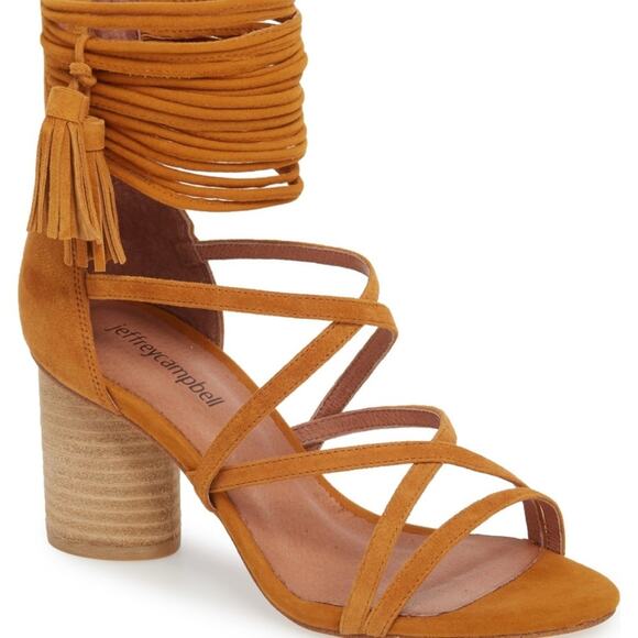Jeffrey Campbell Shoes - Jeffrey Campbell Tan Heeled Sandals with Wraparound Ankle Strap
